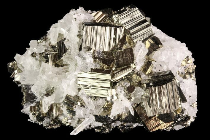 Gleaming Cubic Pyrite Cluster with Quartz - Peru #94383